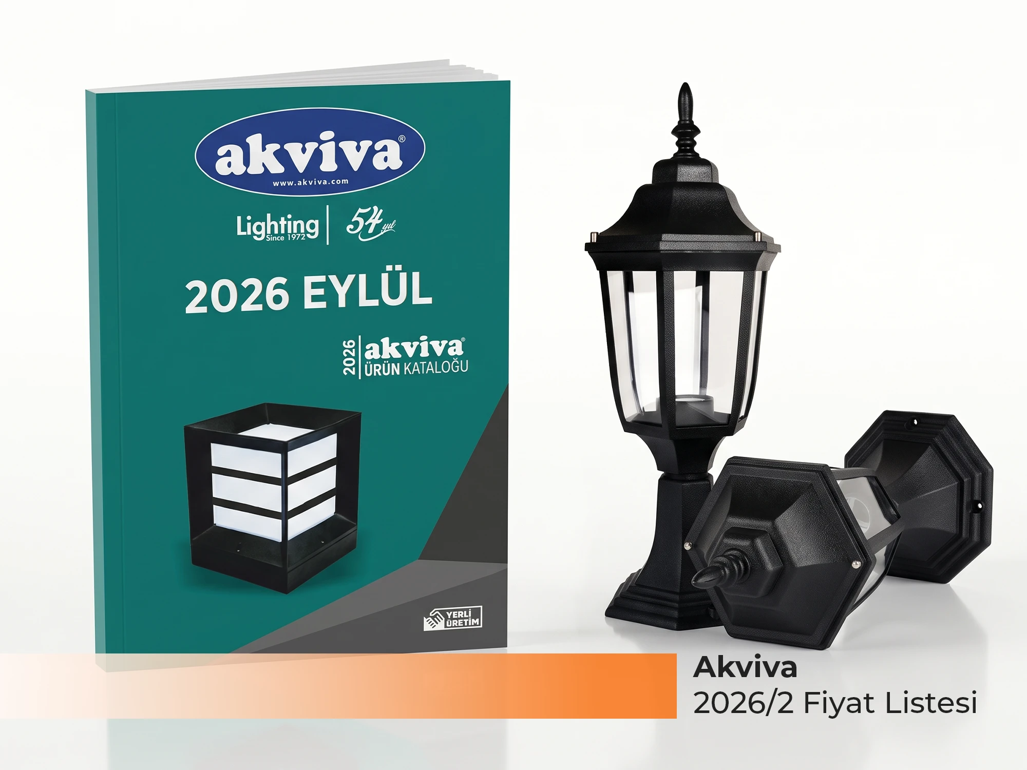 Akviva 2026/2 Fiyat Listesi Yayınlandı Akviva 2026 Eylül fiyat listesi ve ürün kataloğu kapağı, yanında siyah set üstü fener armatür ve altıgen duvar apliği - Levent Elektrik Antalya
