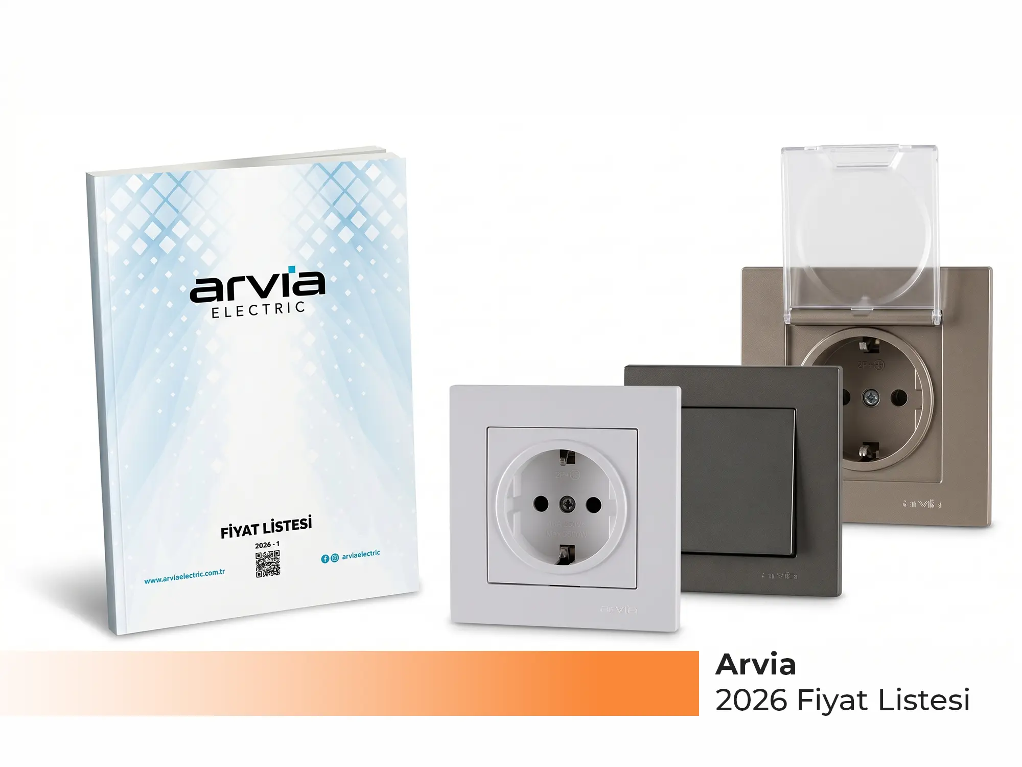 Arvia Electric 2026 Fiyat Listesi Yayınlandı - Karen, Lavin Anahtar-Priz Serileri Arvia Electric 2026 güncel fiyat listesi kapağı, Karen ve Lavin anahtar-priz serileri ile sigorta kutusu ürün gruplarını içeren katalog - Levent Elektrik Antalya