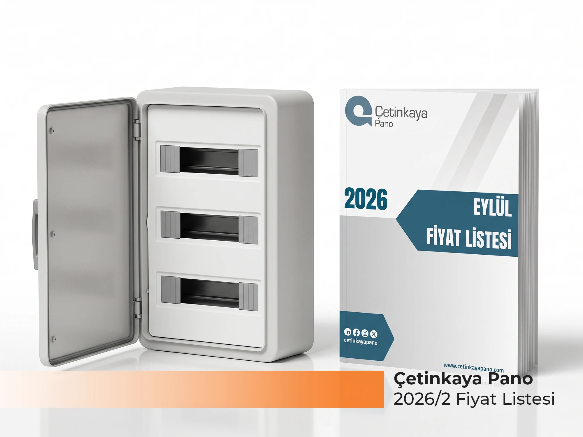 Çetinkaya Pano 2026/2 Fiyat Listesi Yayınlandı Çetinkaya Pano 2026 Eylül fiyat listesi kapağı ve yanında kapağı açık, üç sıralı sıva üstü sigorta kutusu - Levent Elektrik Antalya