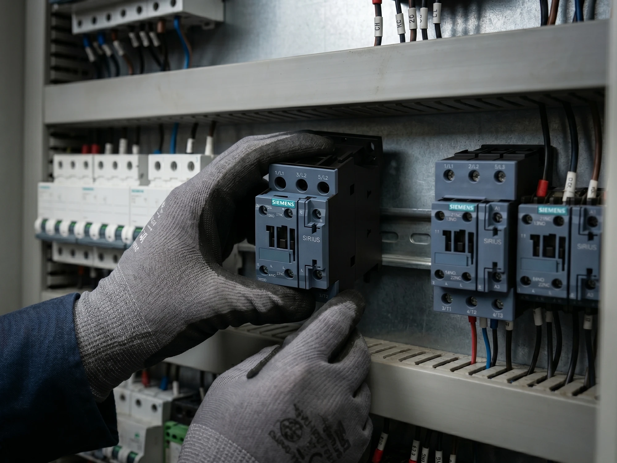 Kontaktör Nedir? Ne İşe Yarar ve Nasıl Çalışır? Elektrik panosu içinde DIN rayına monte edilmiş üç fazlı kontaktör, bobin terminalleri ve yardımcı kontak modülü yakın plan görünüyor | Levent Elektrik