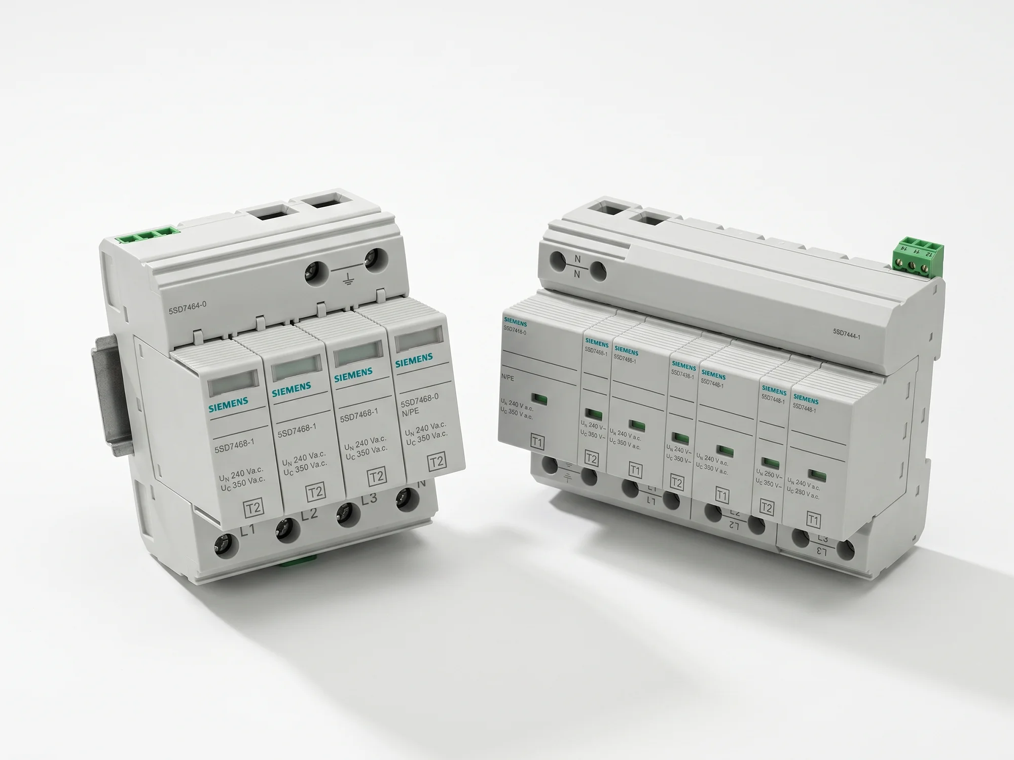 Parafudr Nedir? Tip 1, Tip 2 Farkı ve Seçim Rehberi Siemens 5SD7 serisi iki parafudr yan yana, dört kutuplu Tip 2 model ve Tip 1+2 kombine model | Levent Elektrik